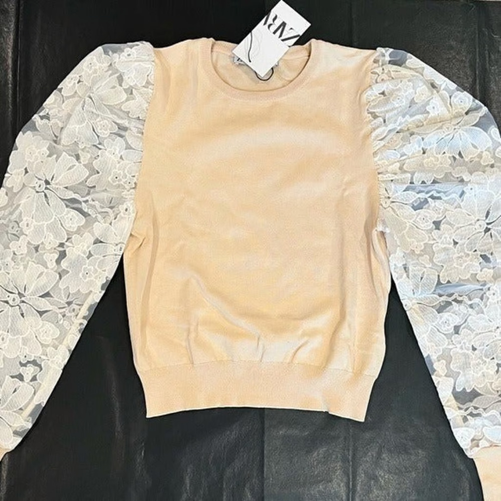ZARA Beige Knit Sweater Top NWT Floral Lace Puff Sleeve Romantic Blouse L - Picture 15 of 16